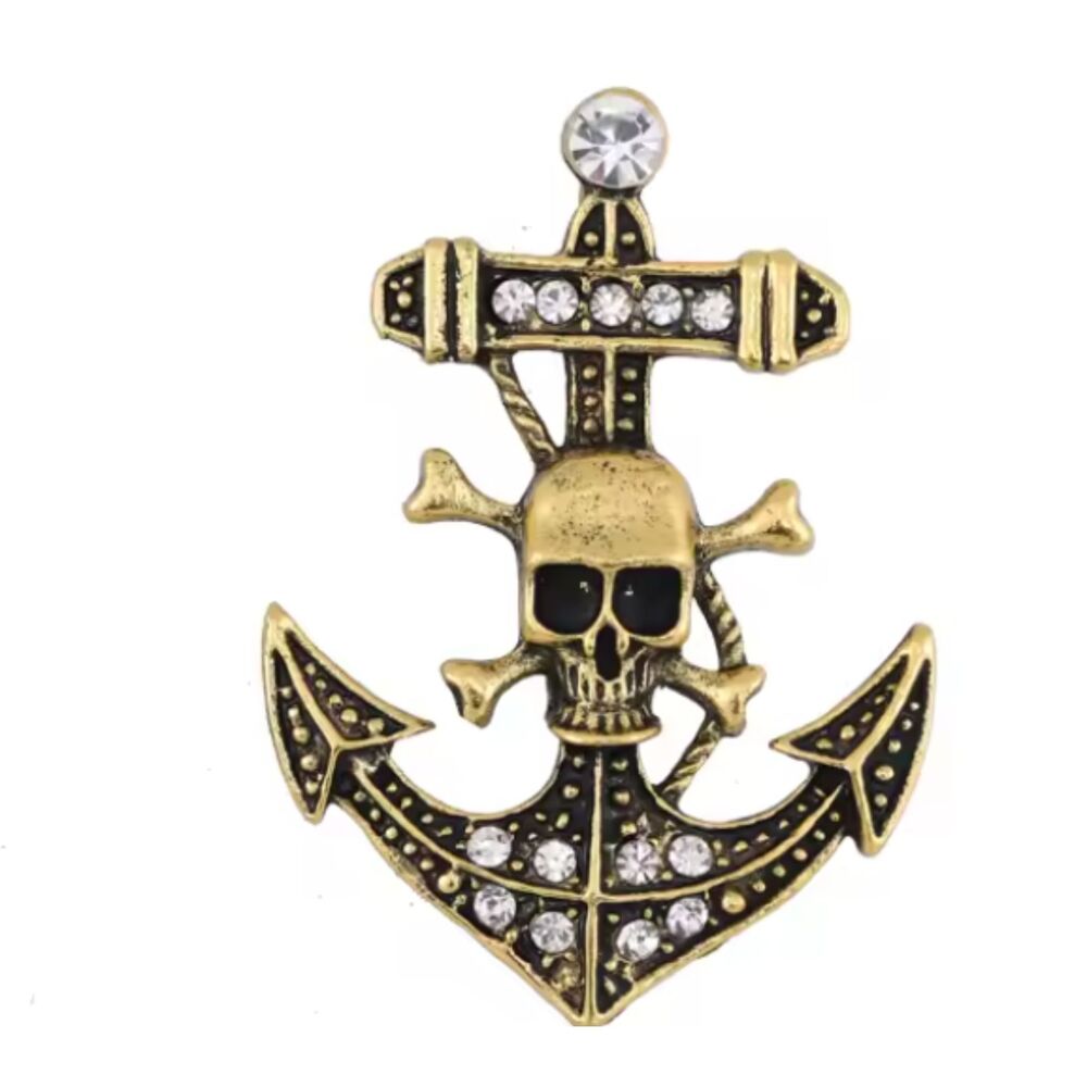 Anchor Pirate Skull Brooch Retro Looking Rhinestones on Gold Tone Metal Ship Sea